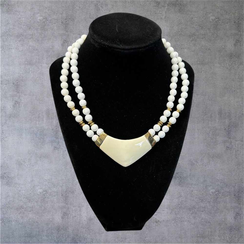 Vintage Retro Double Strand Necklace White Beaded Chevron Statement Gold Tone